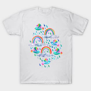 Spring Showers and Rainbow Birds on White T-Shirt